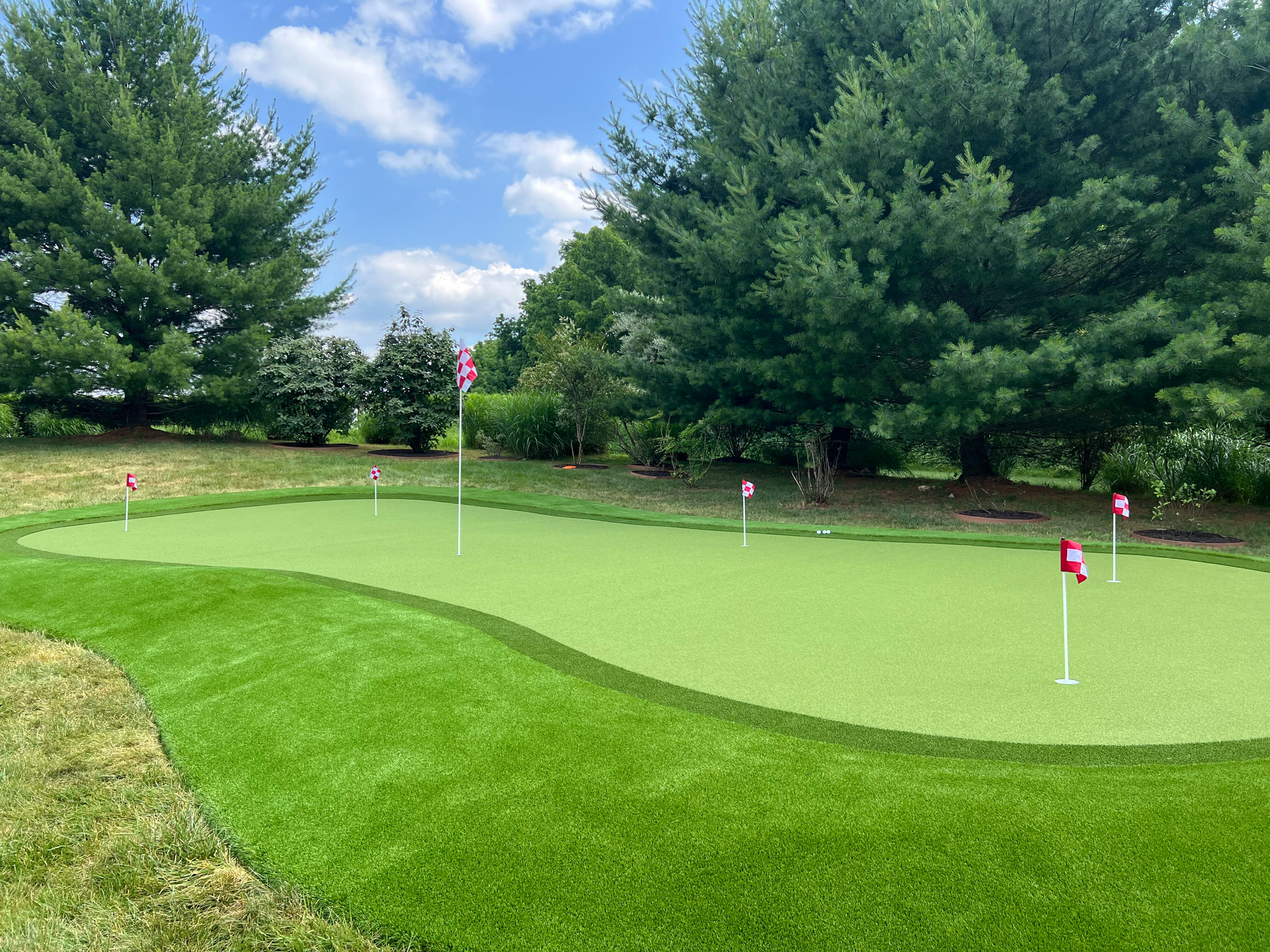 A lawn with an artificial & Synthetic golf putting green in Mendham, NJ 07945