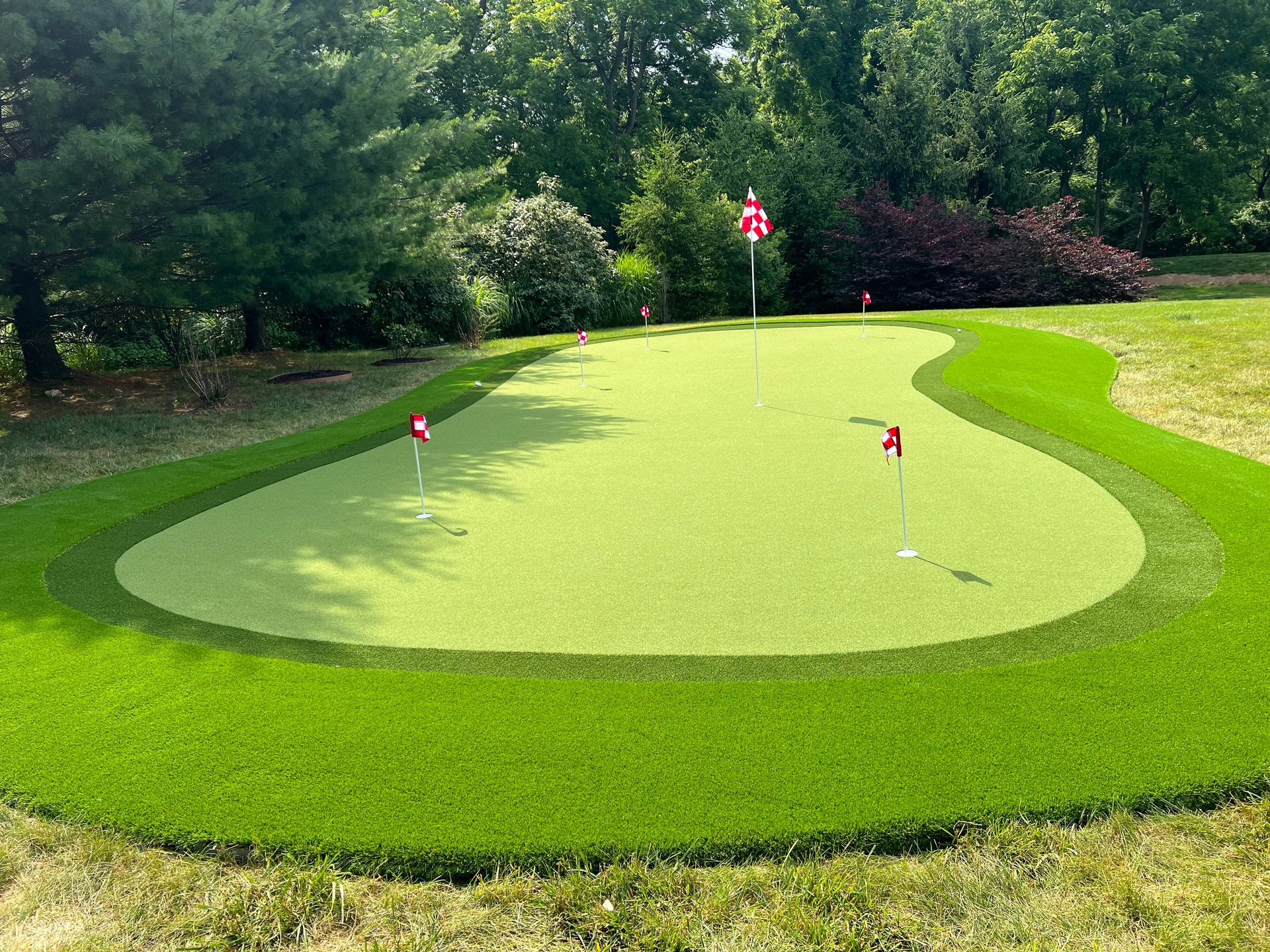 A lawn with an artificial & Synthetic golf putting green in Mendham, NJ 07945