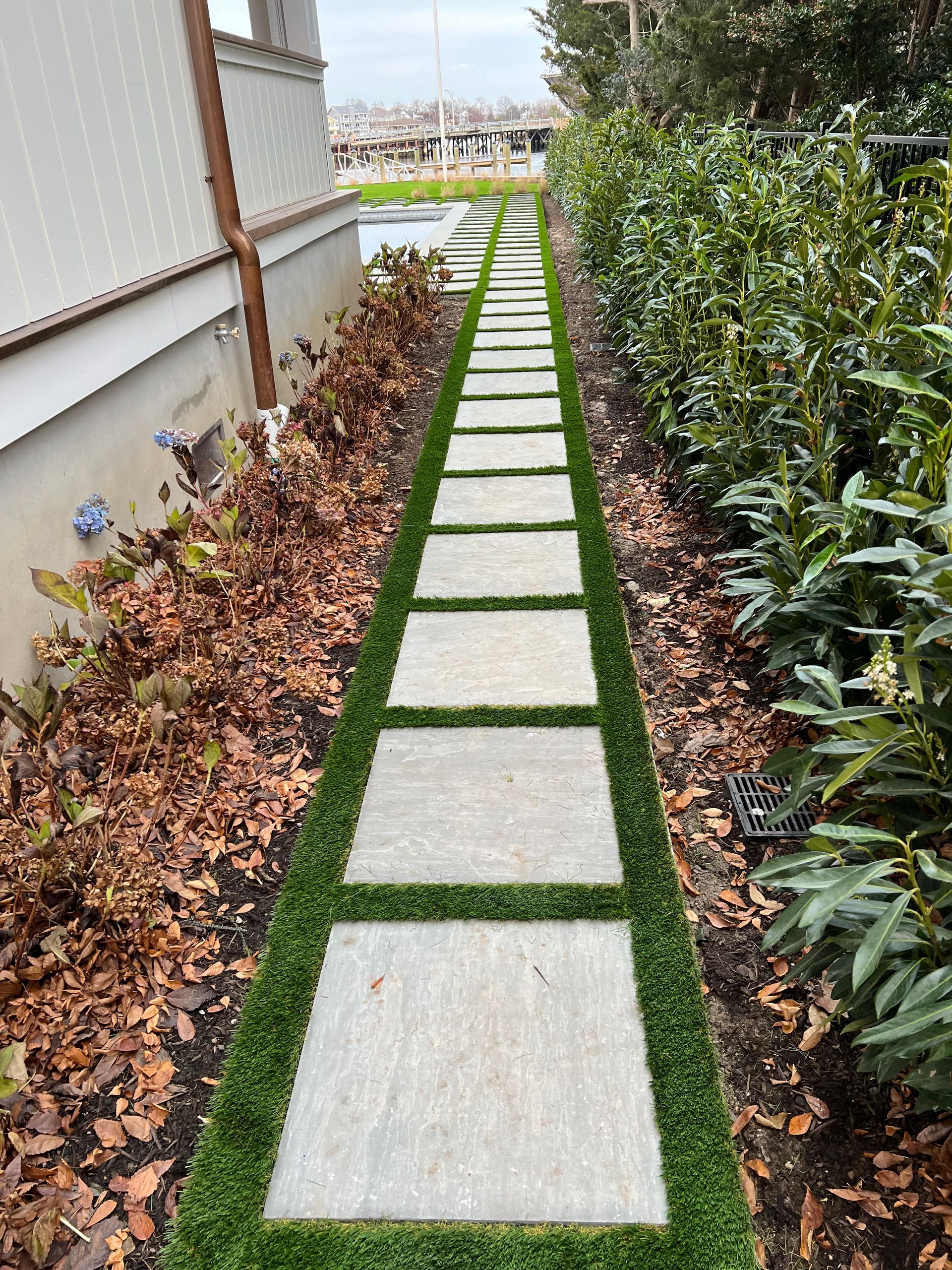 A walkway with a lot of grass and leaves on it.
