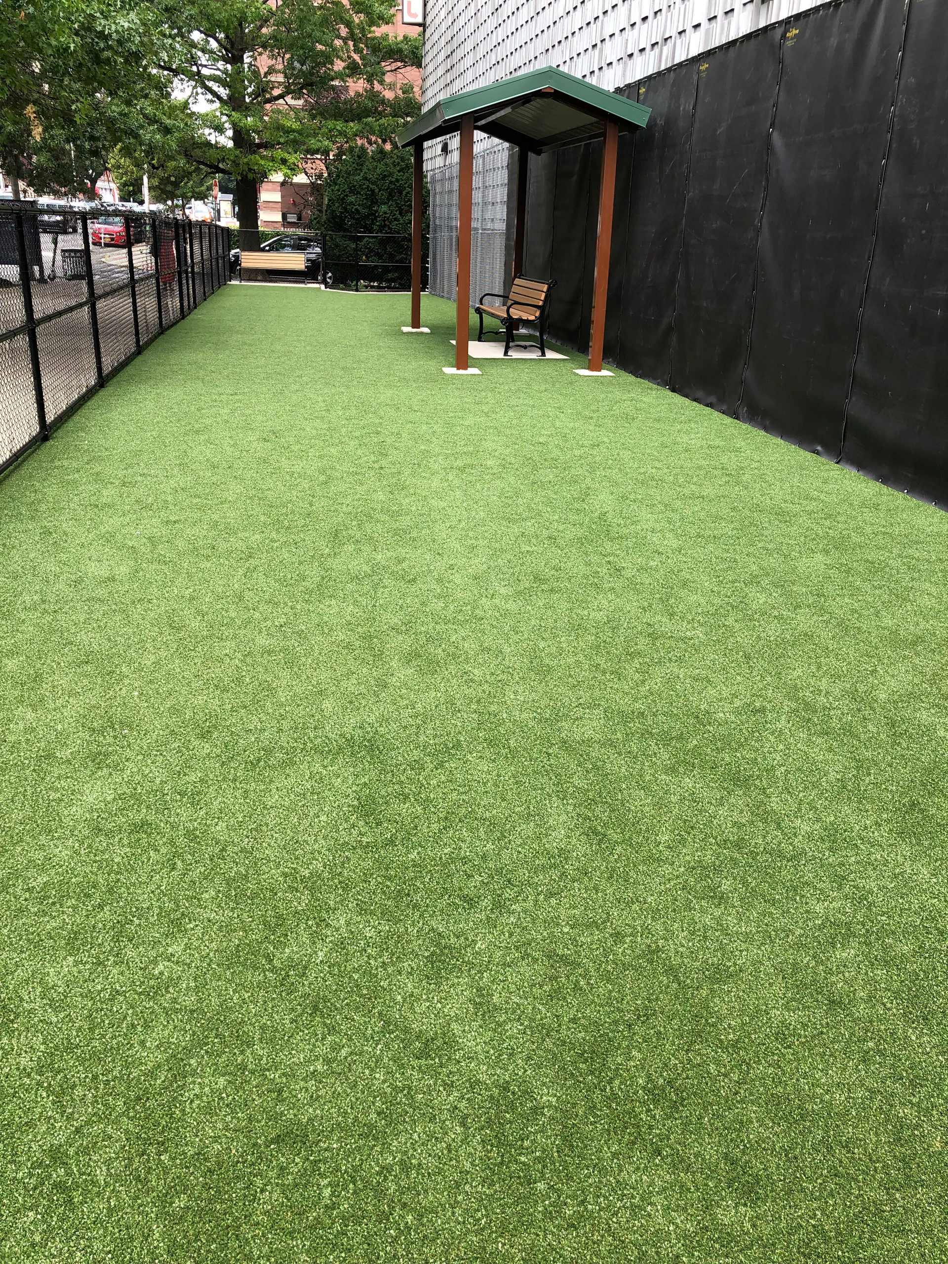 A large lawn with a bench in the middle of it.