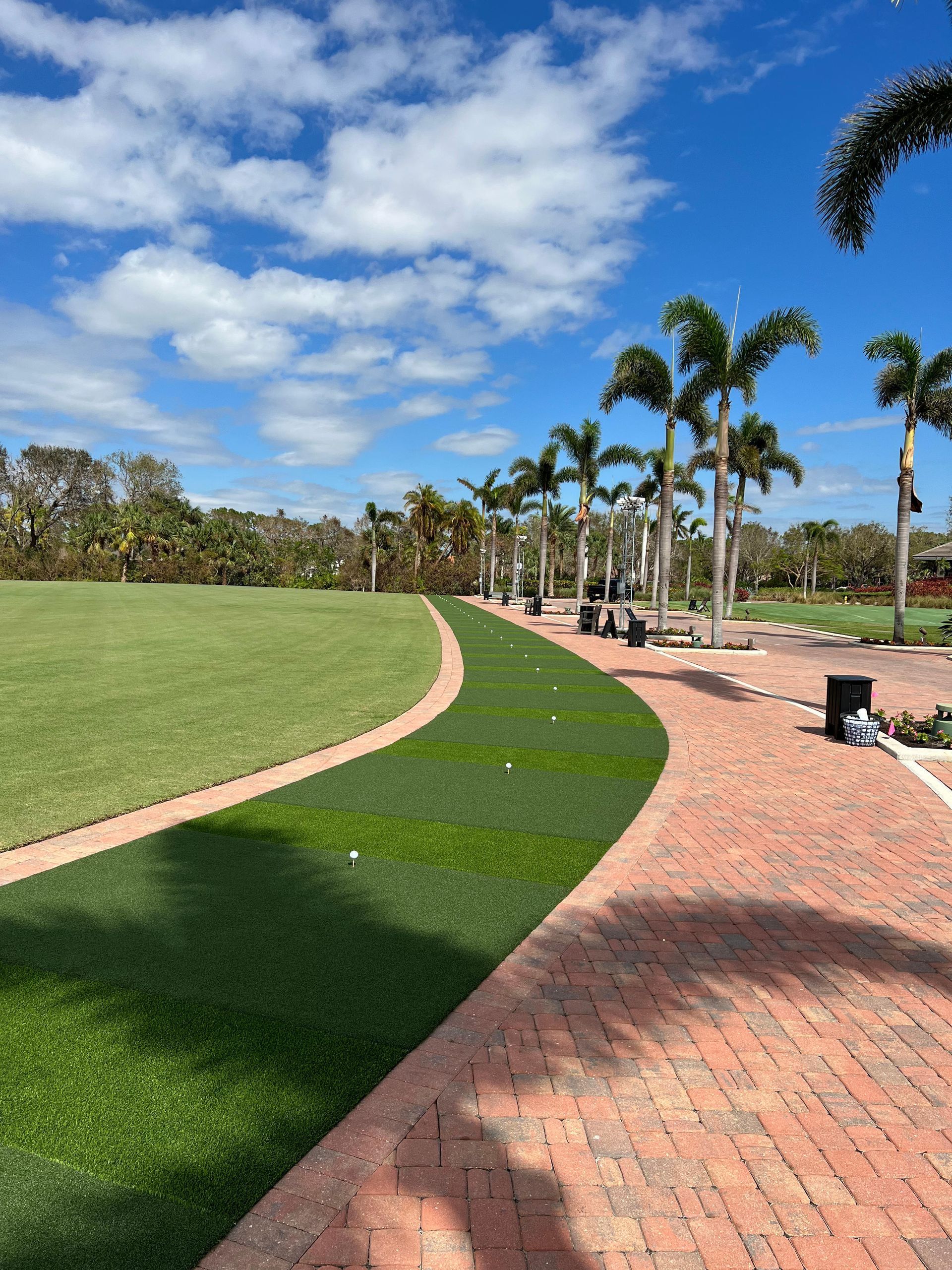 A brick walkway leading to a golf course surrounded by palm trees.