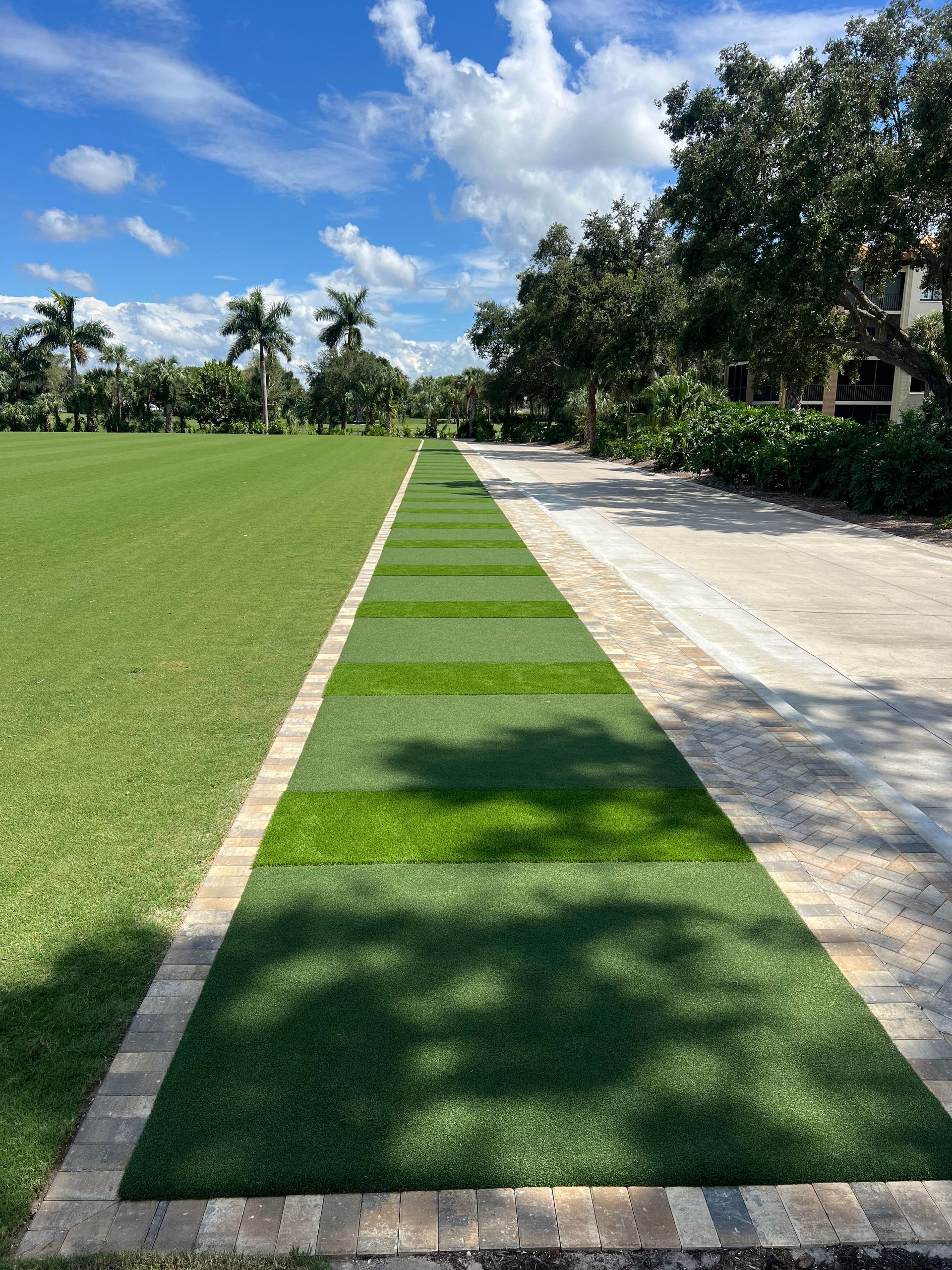 A lawn with a brick walkway going through it.