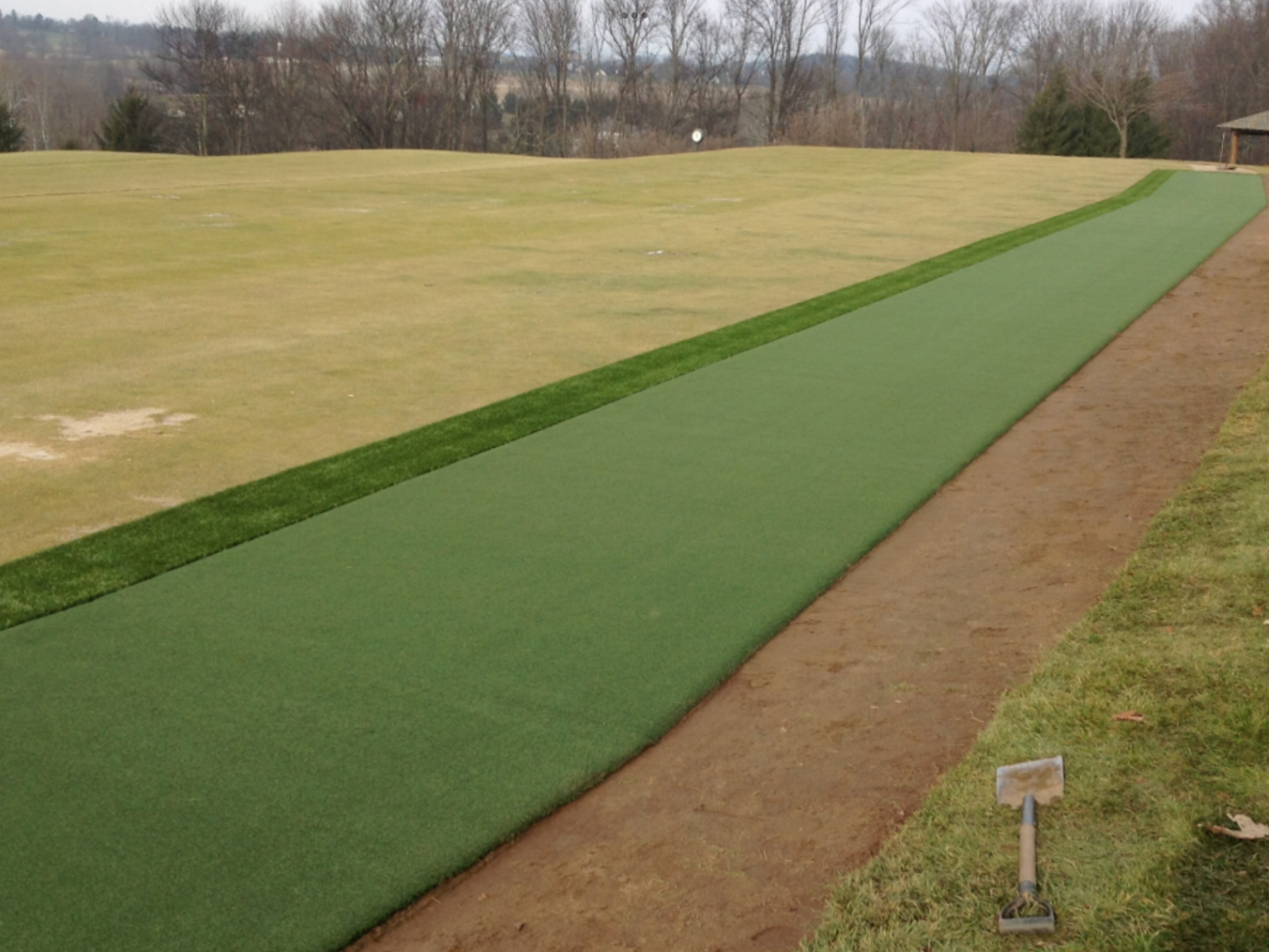 A green path leading to a golf course with trees in the background.