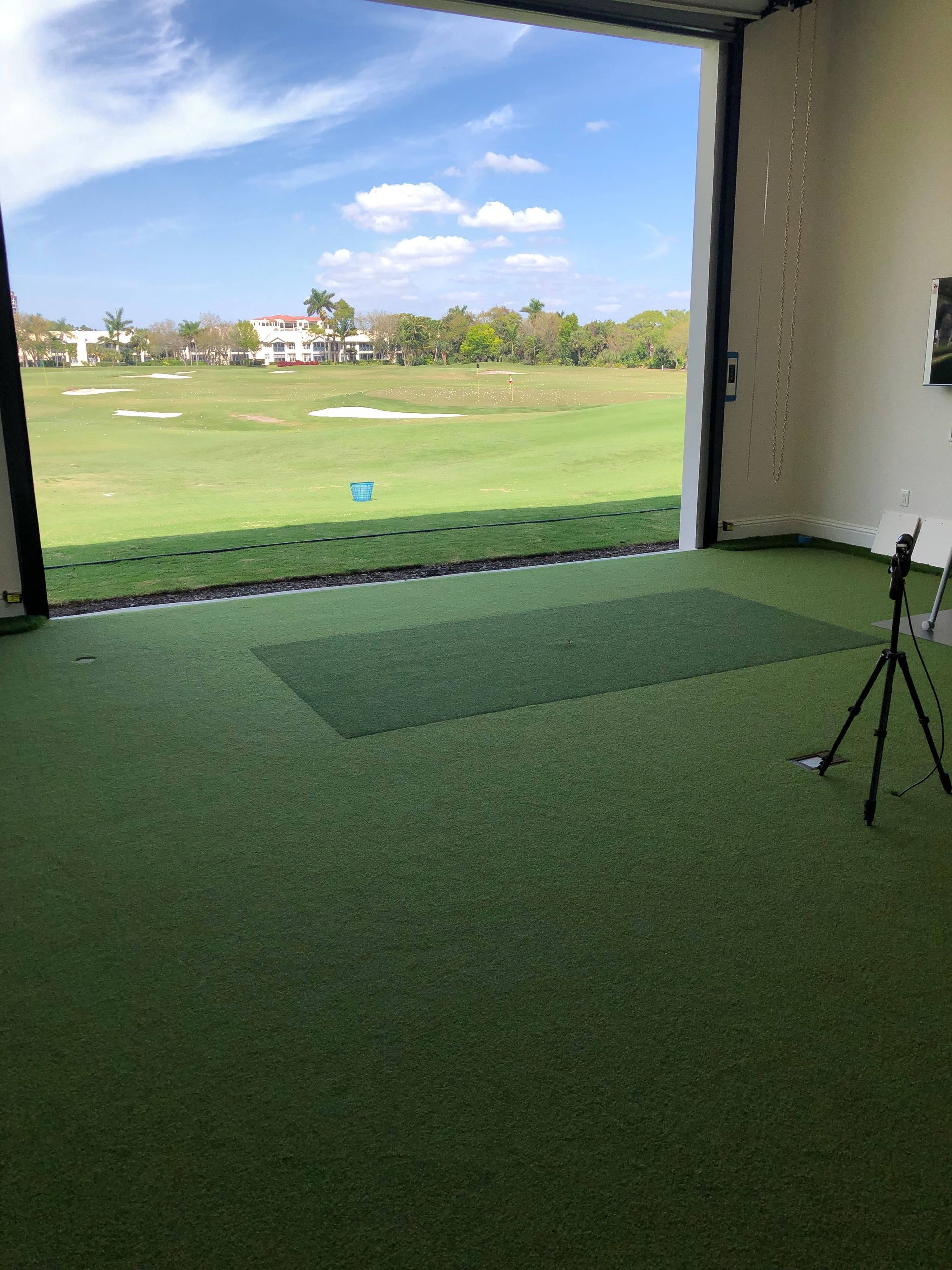 A golf simulator with a view of a golf course.