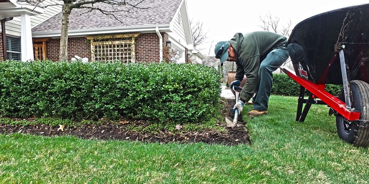 A man is digging in the grass next to a wheelbarrow.