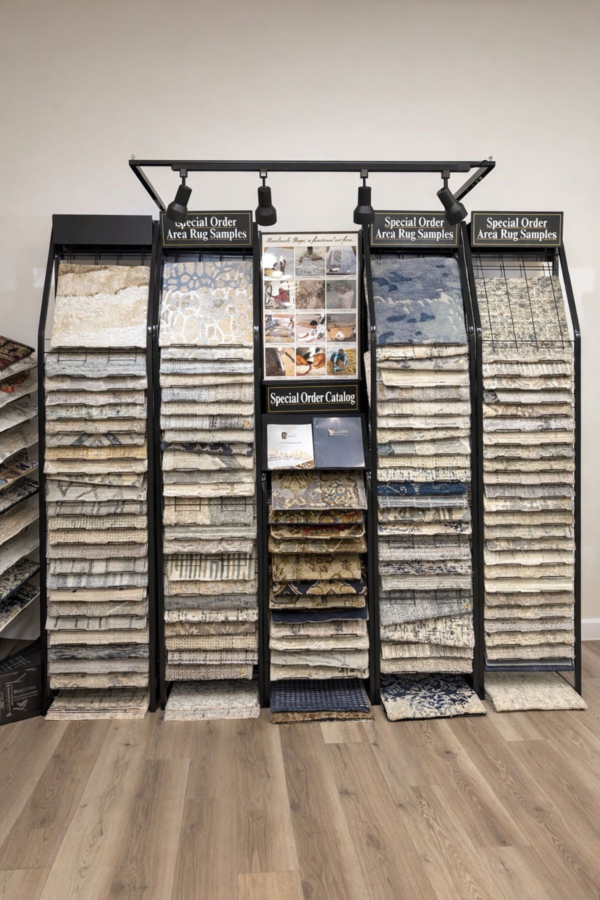 A display rack showcasing various fabric and rug samples