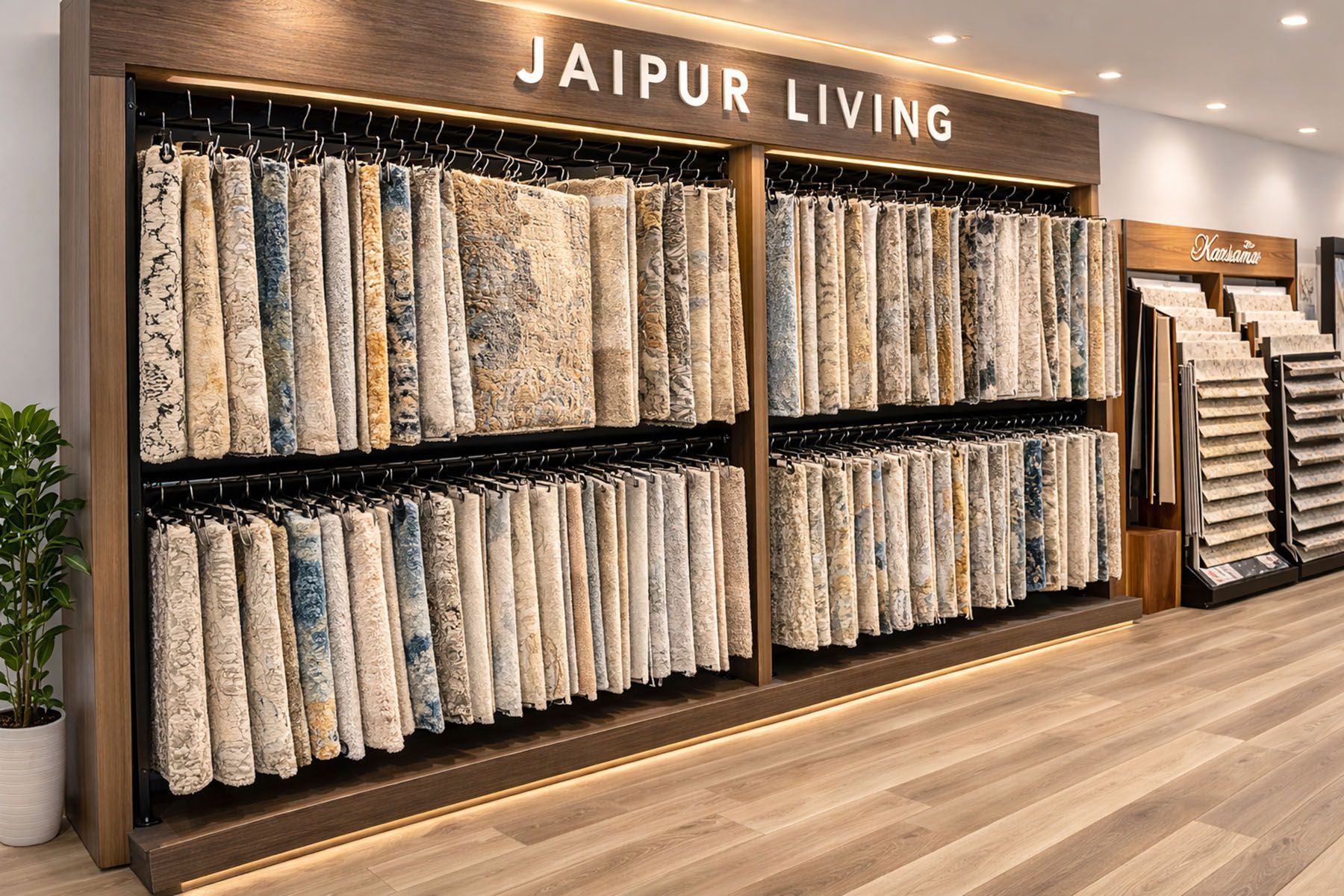 A showroom display features rows of hanging area rugs