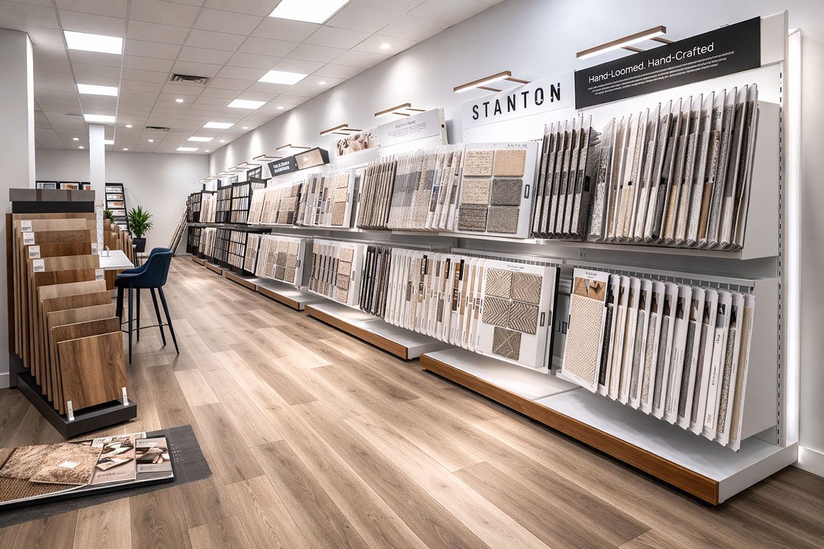 A flooring showroom featuring rows of wall-mounted carpet and rug samples with a wood-look floor display