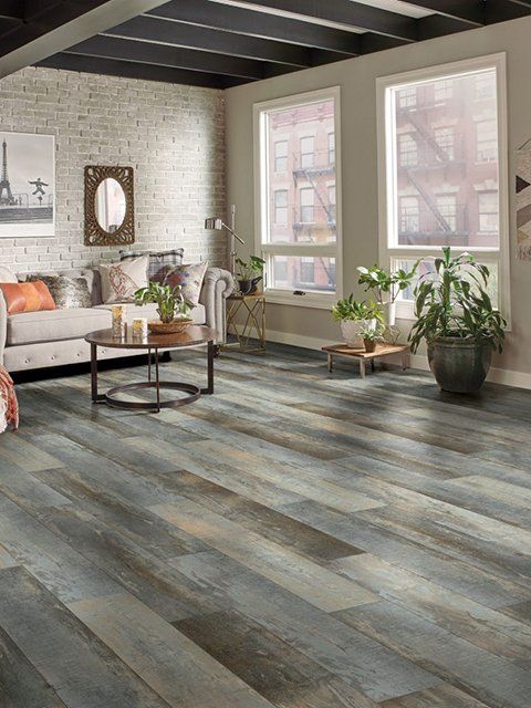 A living room with hardwood floors , a couch, a coffee table, and a lot of windows.