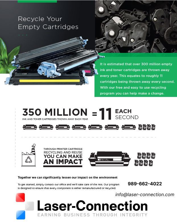  Discover the environmental and economic benefits of recycling toner cartridges. Learn how Laser Connection, with 35 years of exceptional customer service, supports this cause and the local community.