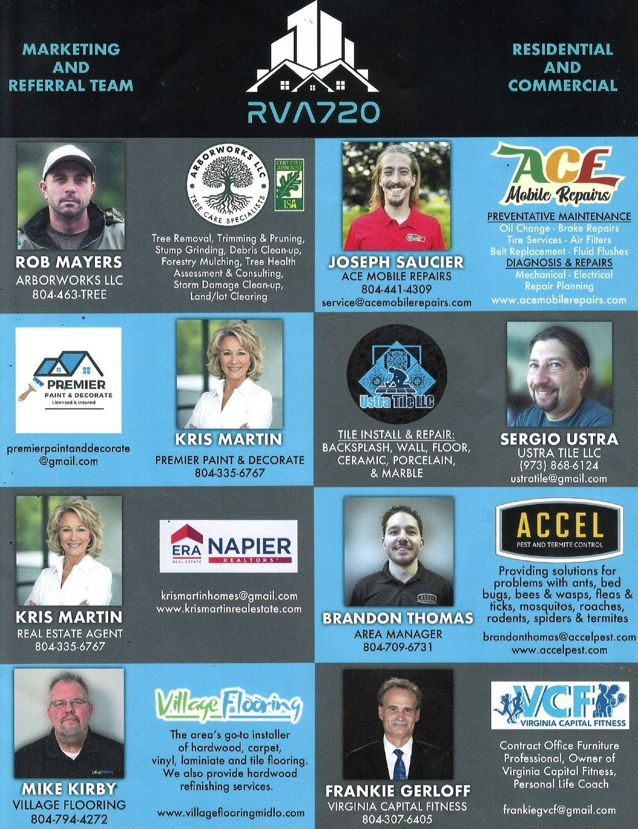 Real estate team poster with many headshots and logos on a blue background