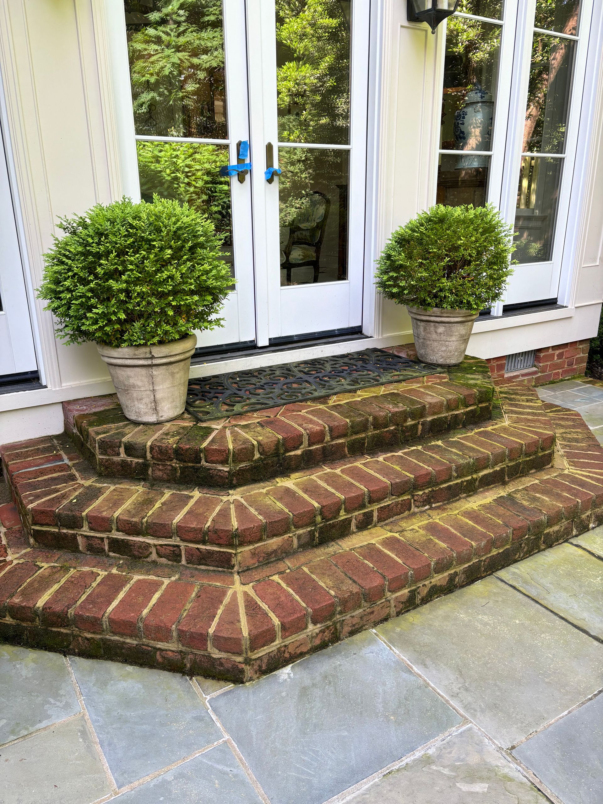 A brick porch with potted plants in front of a door.