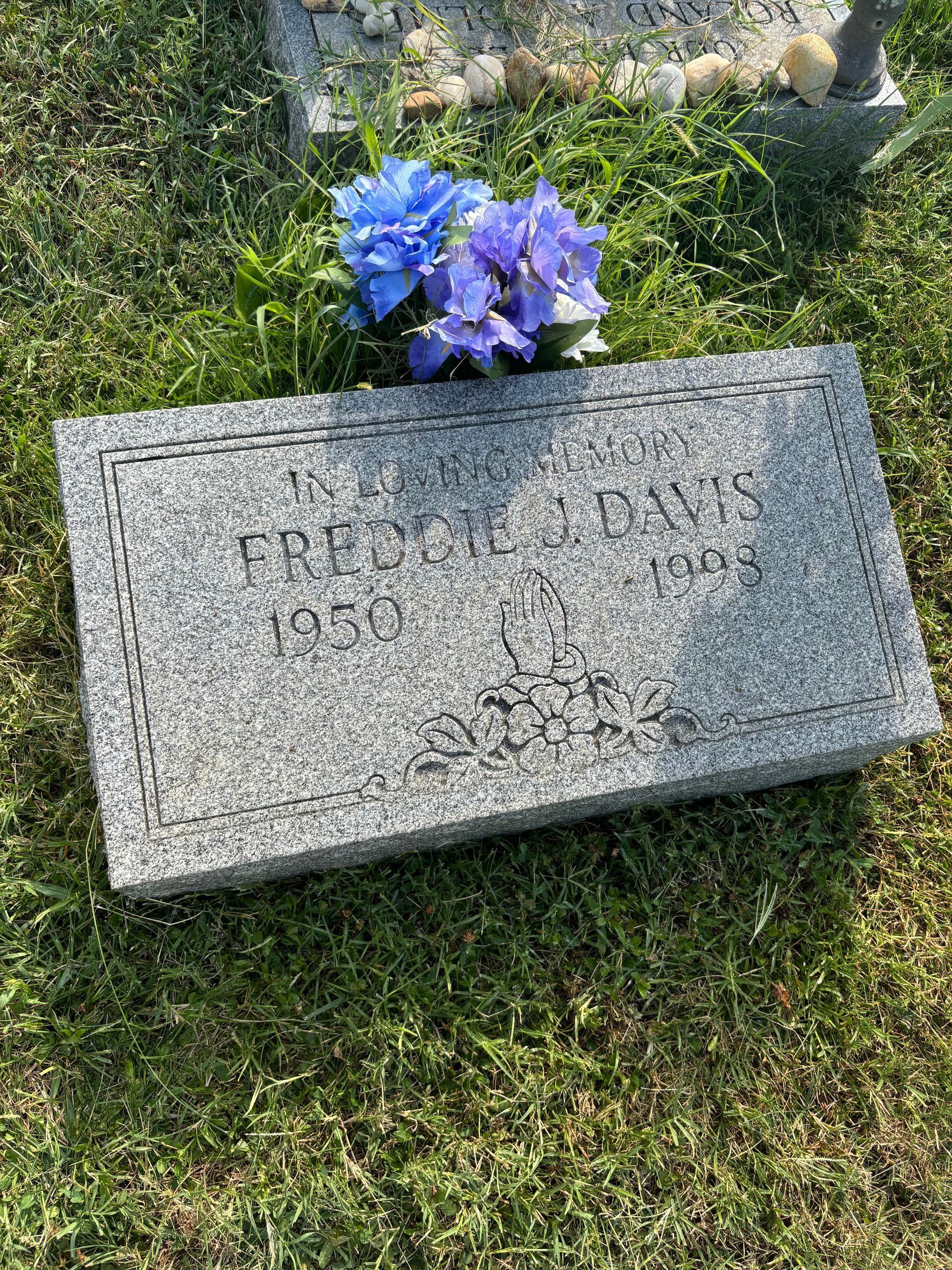 A gravestone in a cemetery with blue flowers in it.