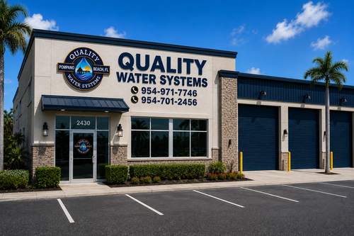 Exterior view of the Quality Water Systems storefront in Pompano Beach, FL, featuring prominent signage, phone numbers, and garage bays under a clear blue sky.