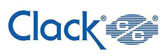 Clack logo in blue with a stylized percent sign integrated into the wordmark
