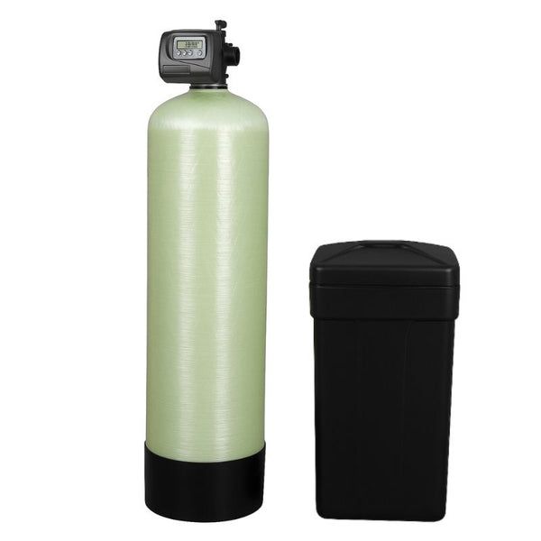 Light green water softener tank with black base and control head beside a black storage bin