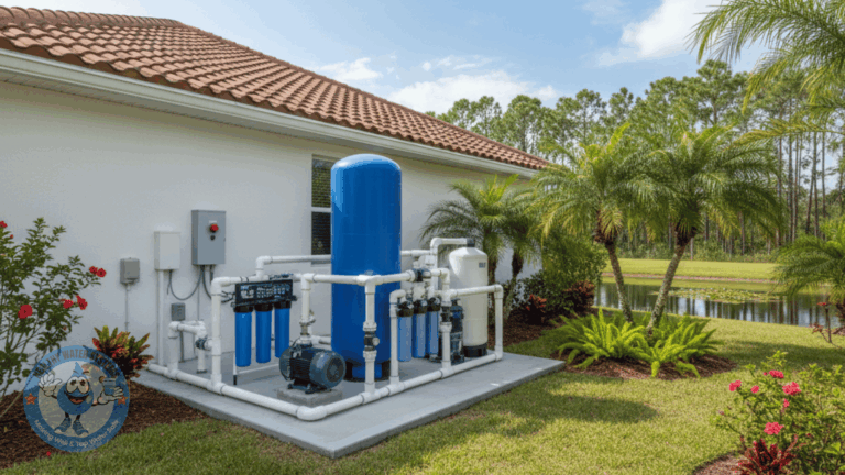 Blue water treatment equipment beside a house with a tiled roof and landscaped yard