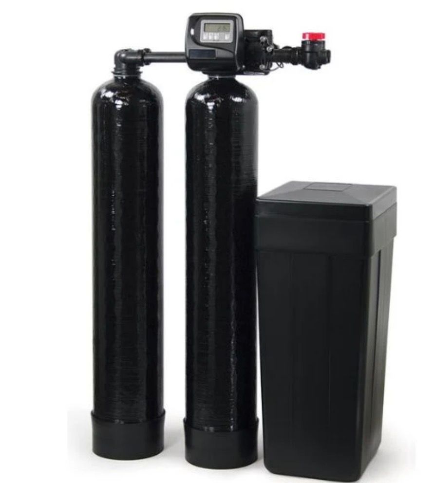 Black water softener system with two tall tanks, control valve, and brine tank on a white background