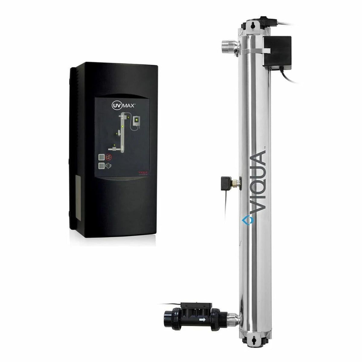 Black tank and silver vertical water heater unit with attached piping and control box.