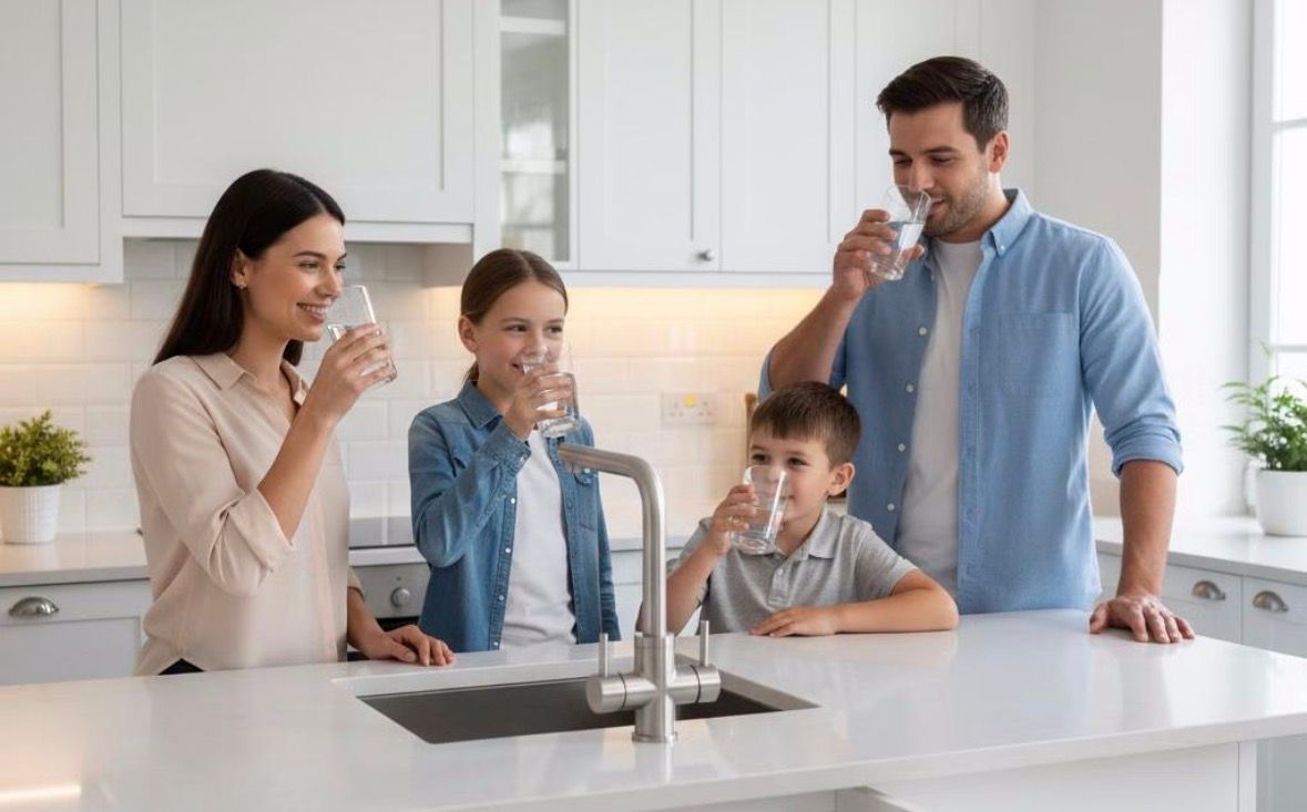 Family drinking water together in a bright kitchen around a modern sink