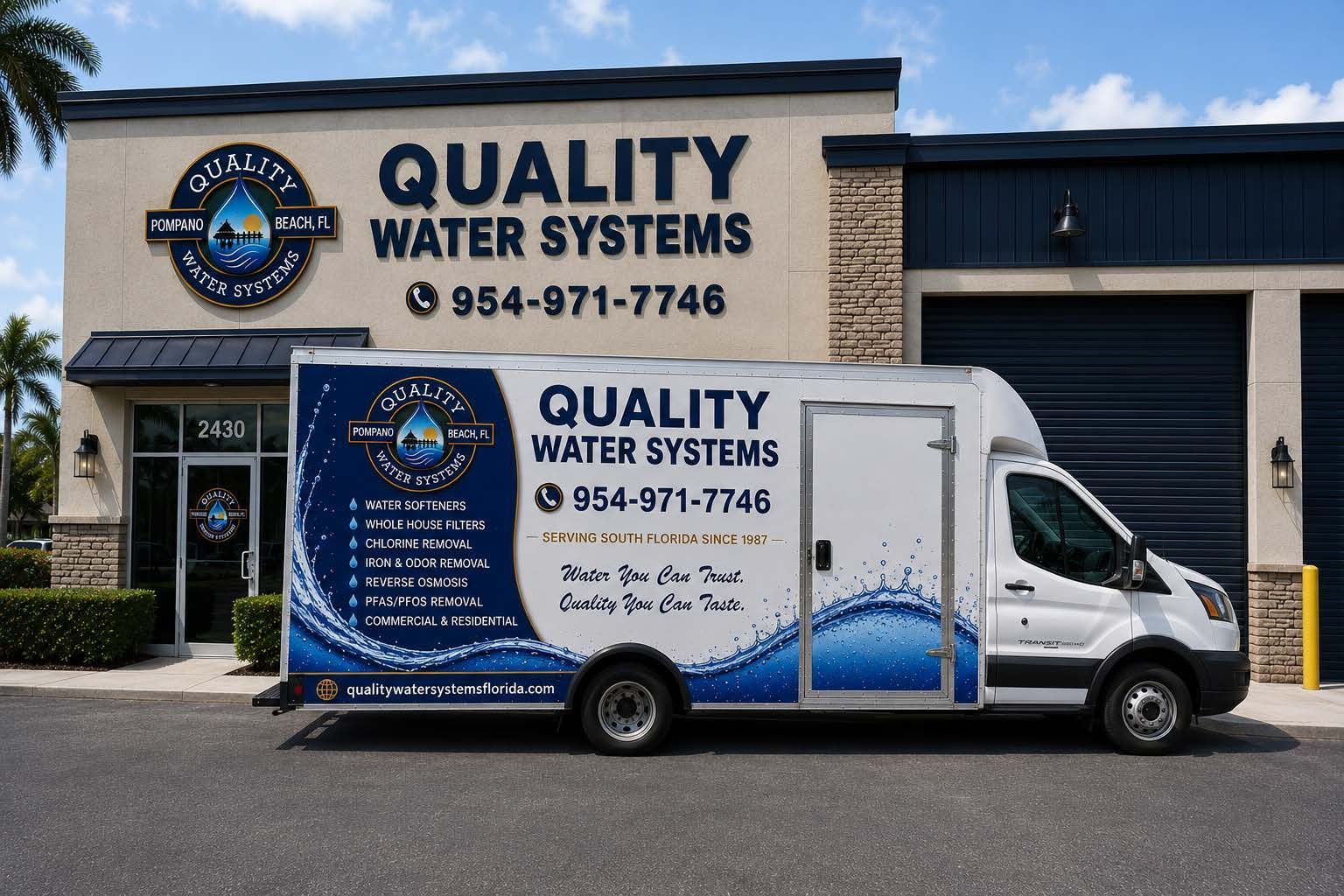 Quality Water Systems building and branded service van parked outside a storefront.