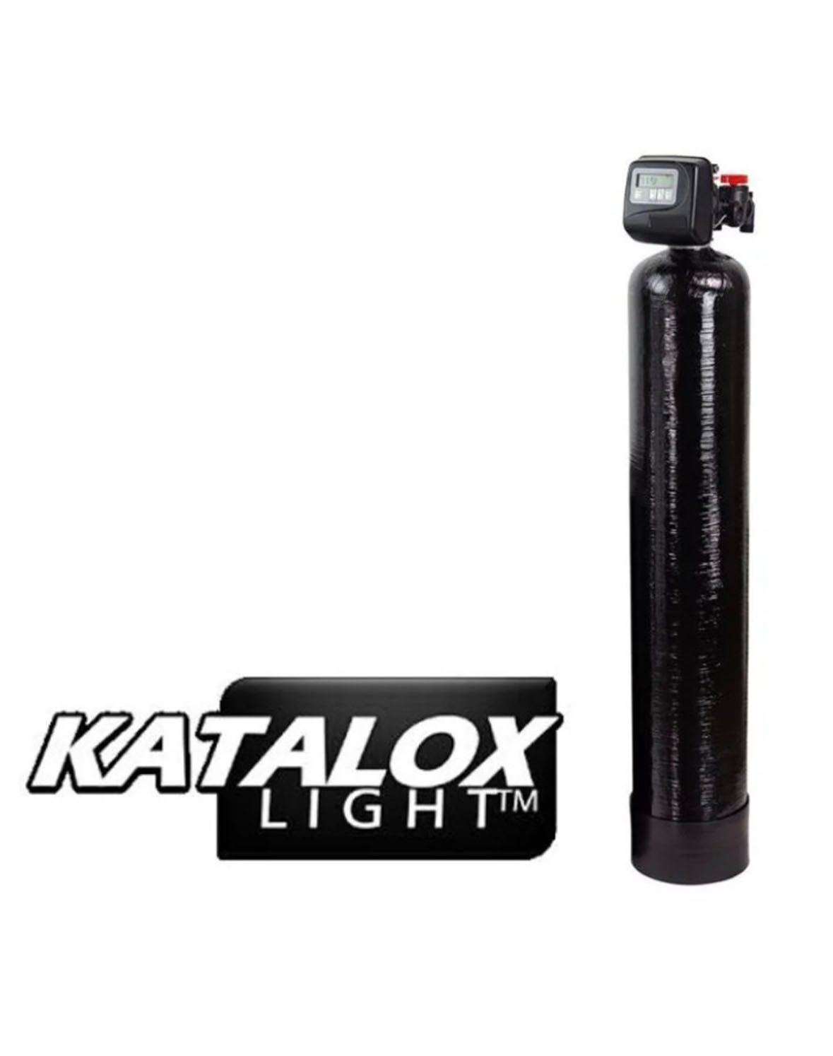 Black Katalox Light water softener tank with digital control head on a white background