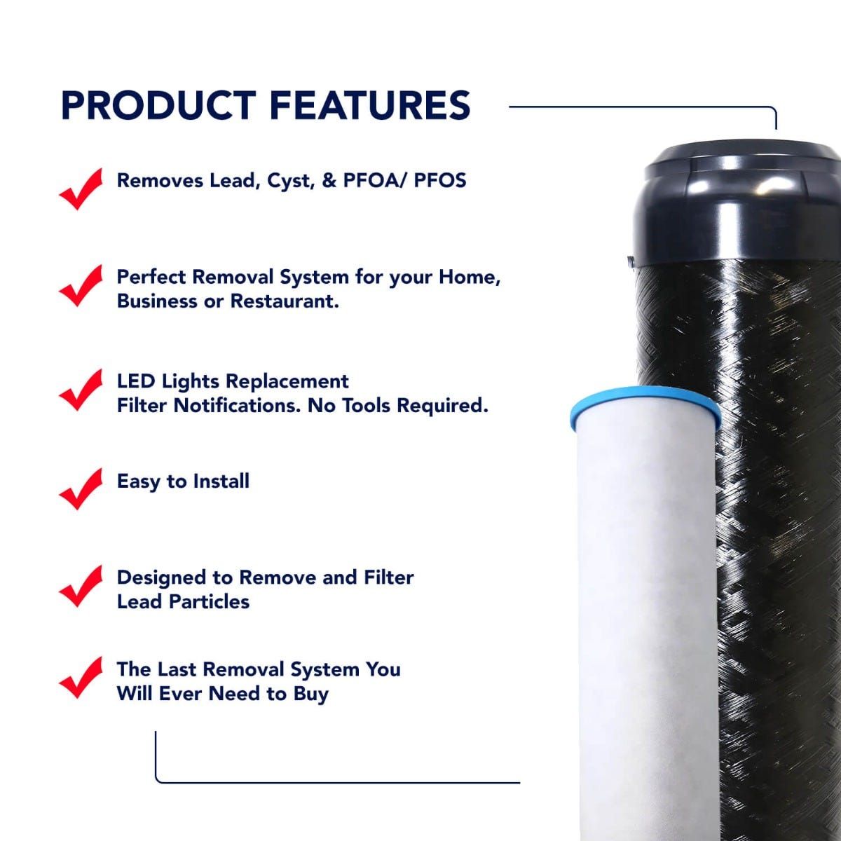 Product features list beside a black and white cylindrical filter cartridge on a white background