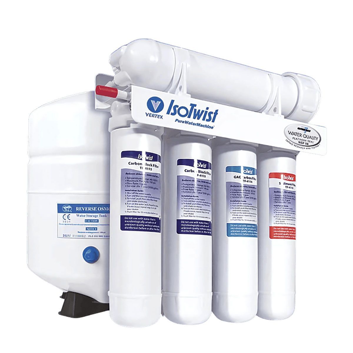 White Isolwist water filter system with four cartridges and storage tank on a plain background
