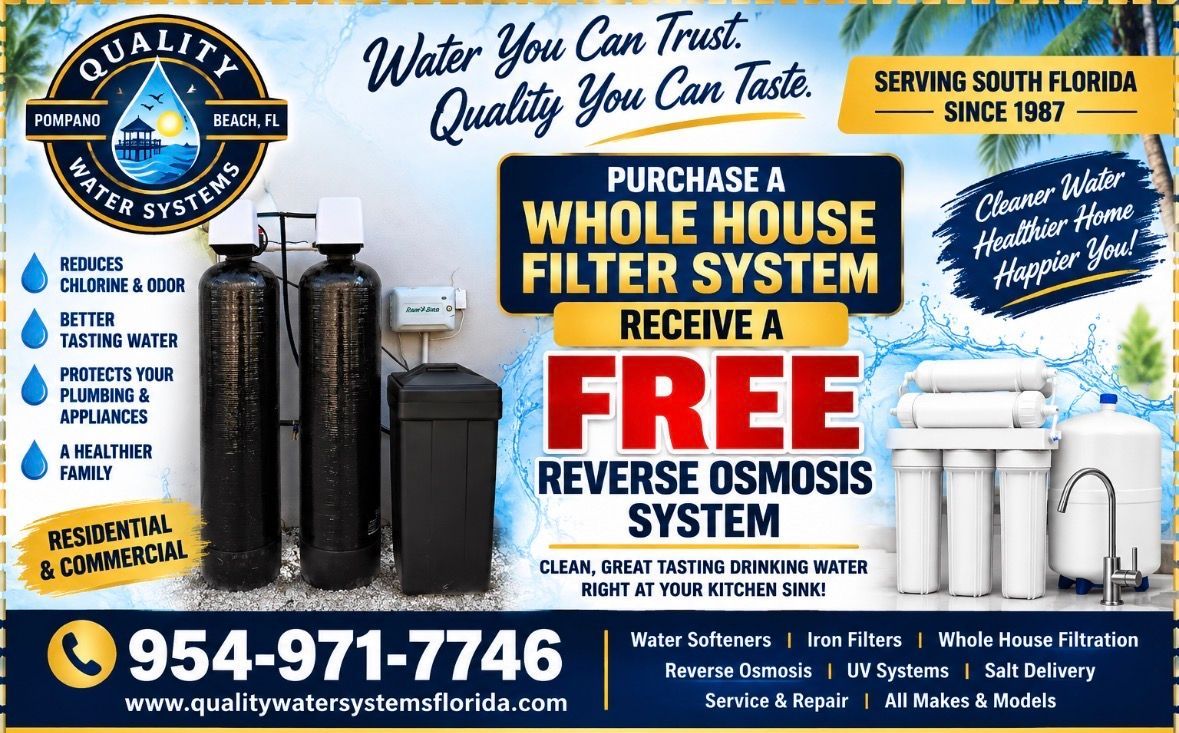 Blue ad for whole-house water filter and free reverse osmosis system, with phone number 954-971-7746.