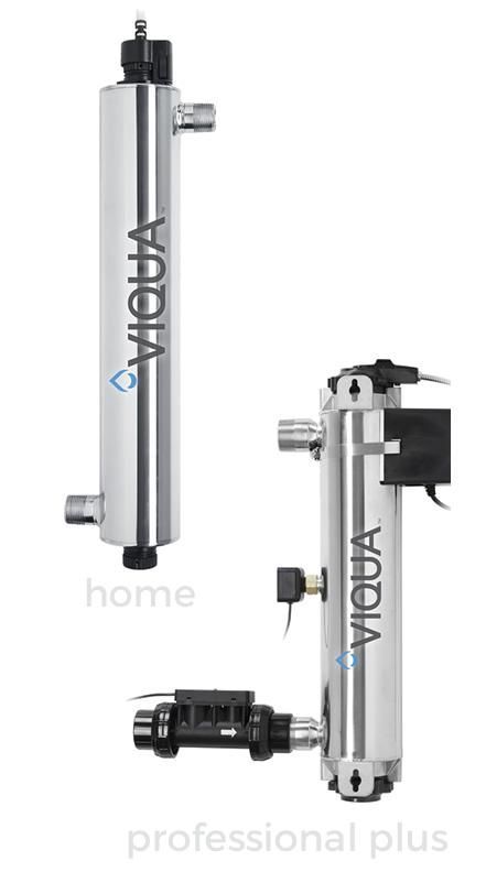 Two silver cylindrical water filters labeled home and professional plus, shown on white background.
