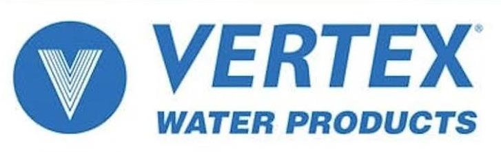 VERTEX Water Products logo with blue circle emblem and bold blue text on white background