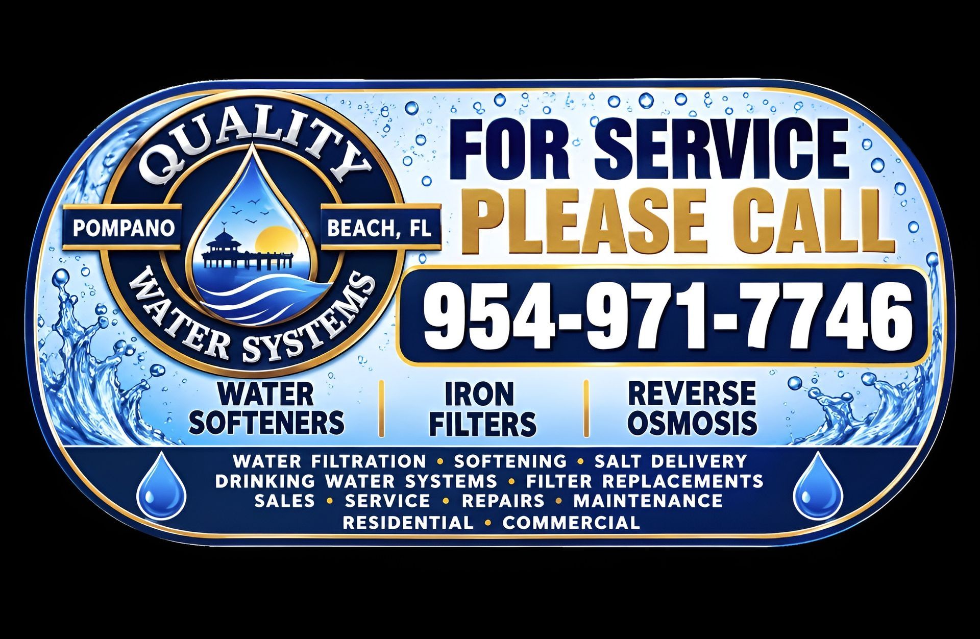 Blue water softener service sign with phone number 954-971-7746 and product listings