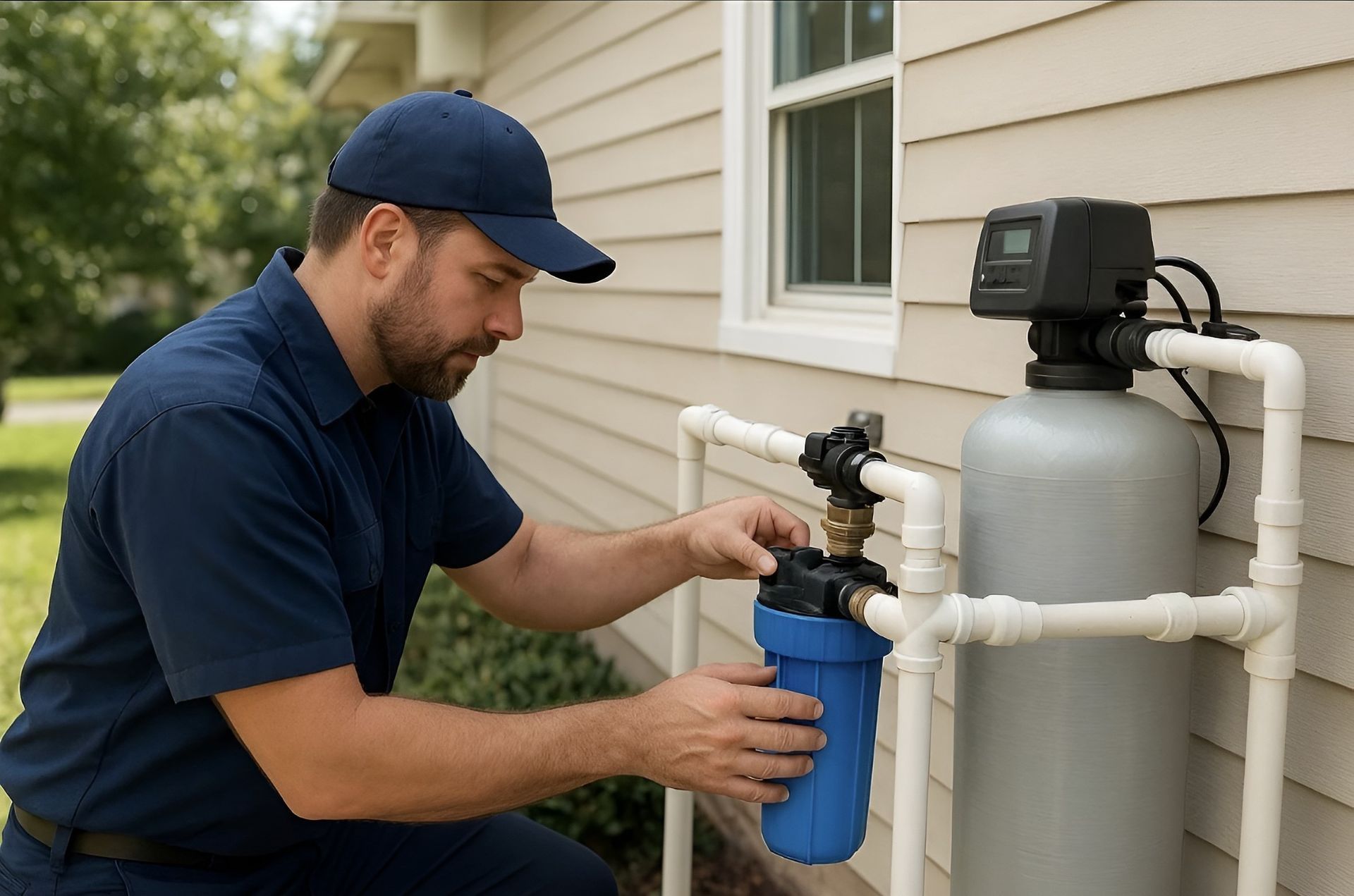 Worker replacing a blue water filter beside a house's exterior plumbing system