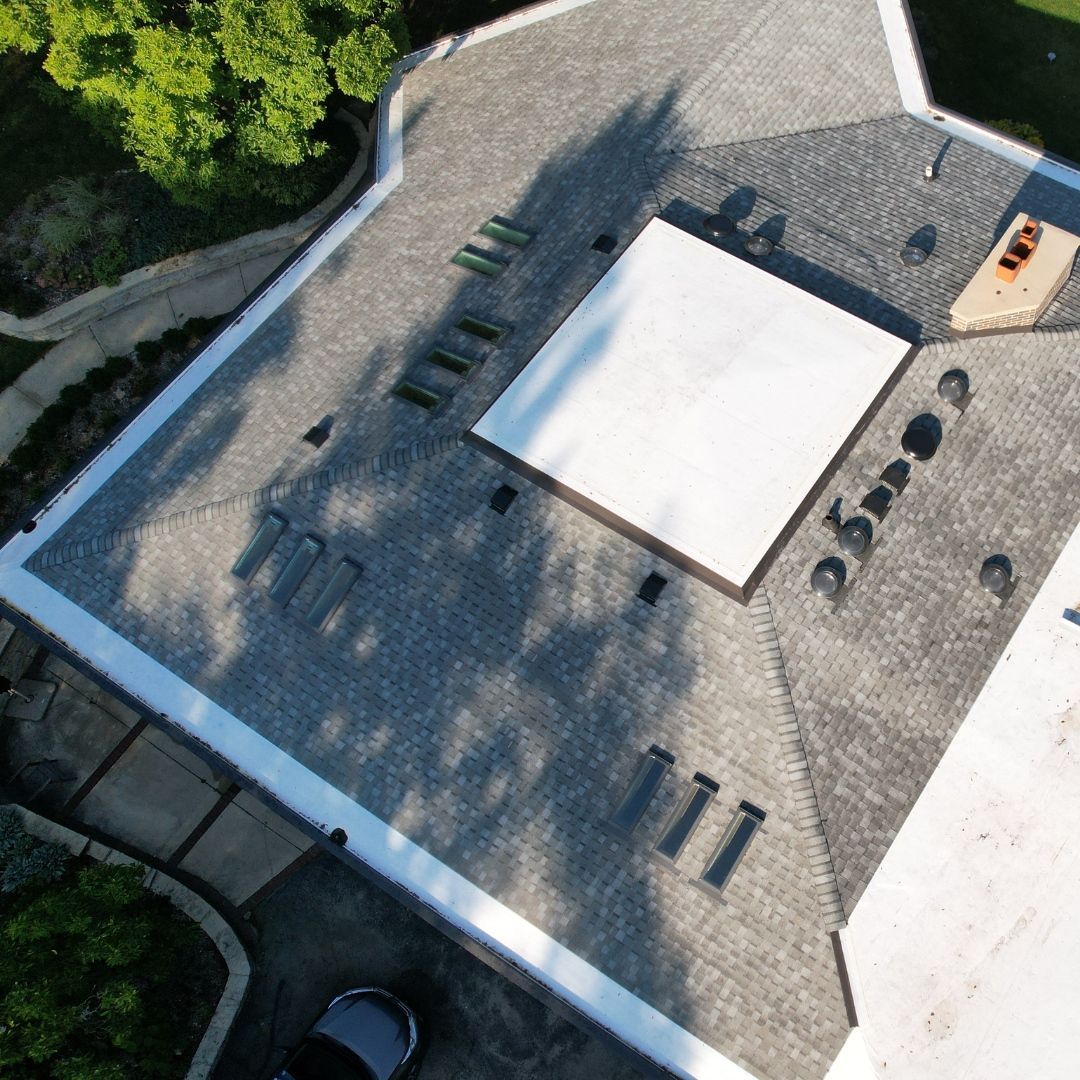An aerial view of a roof with the number 25 on it.