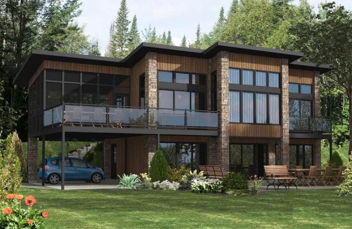 A large house with a blue car parked in front of it