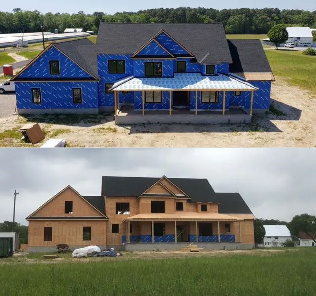 A before and after picture of a house under construction
