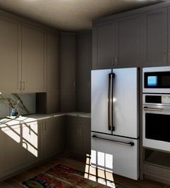 A kitchen with a refrigerator, oven and microwave.