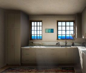 A kitchen with a sink and two windows with a view of the ocean.