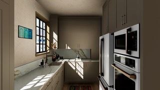 A kitchen with a refrigerator, microwave, and oven.