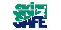 Stylized green and blue “SKI SAFE” logo with a skier icon