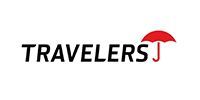 Travelers J logo with black text and a red umbrella over the J