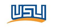 Blue USU logo with an orange curved underline