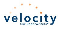 Velocity risk underwriters logo with blue lowercase text and small orange dots above the word
