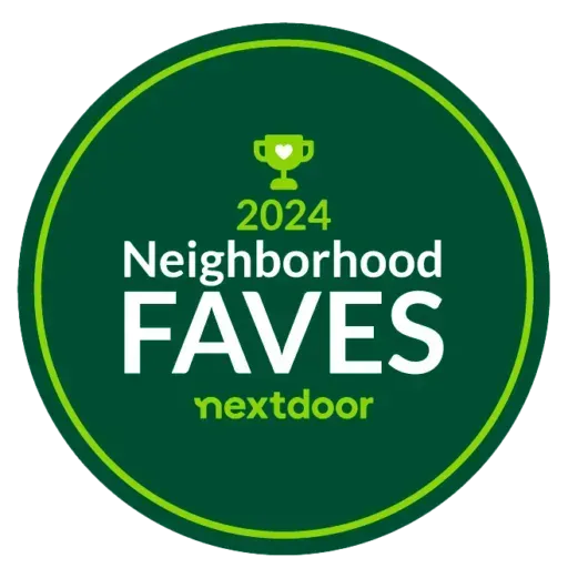 Green circular 2024 Neighborhood Faves Nextdoor badge with trophy icon and lime border