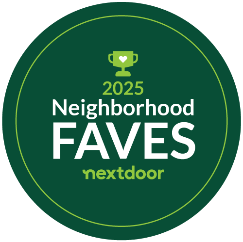 Green circular Nextdoor “2025 Neighborhood FAVES” badge with trophy icon.