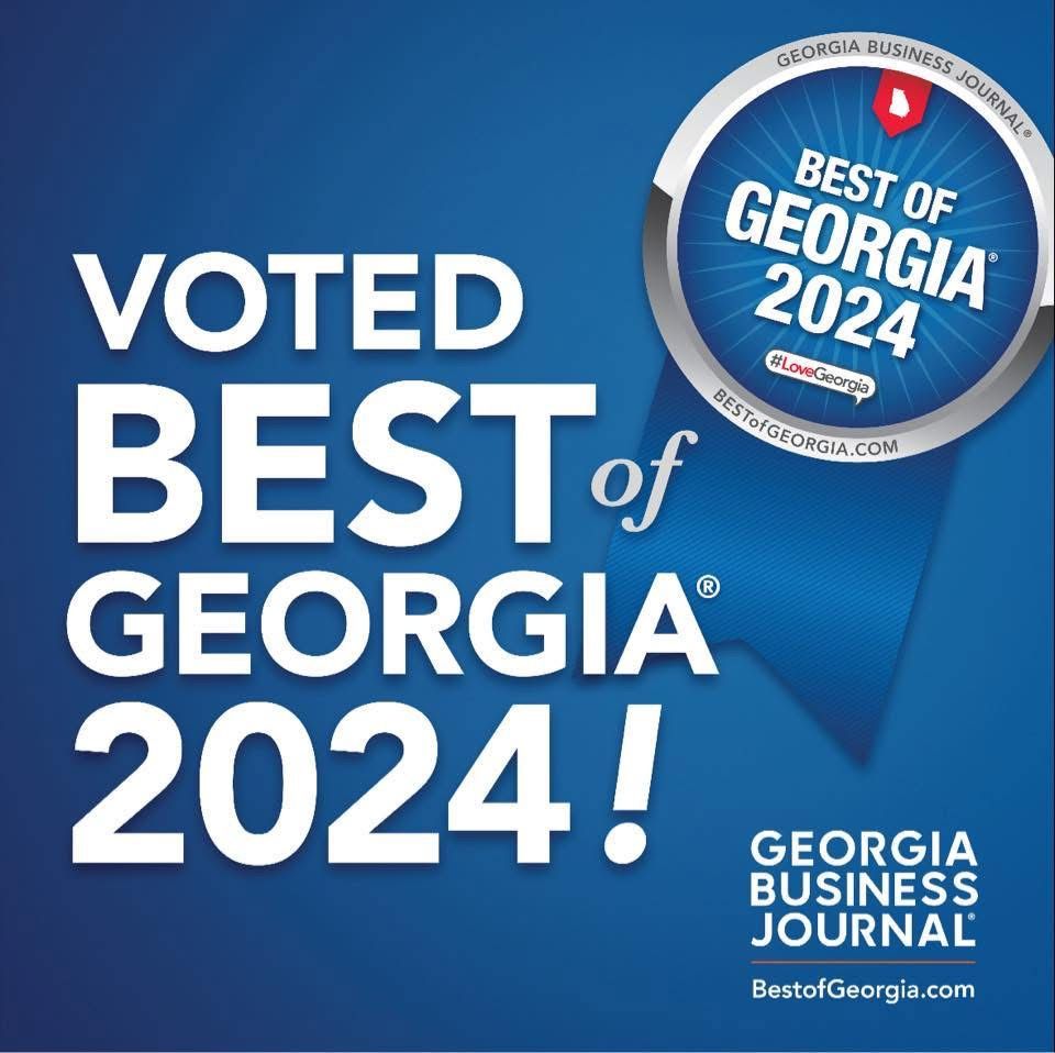 Blue award graphic reading “Voted Best of Georgia 2024” with Georgia Business Journal logo and seal