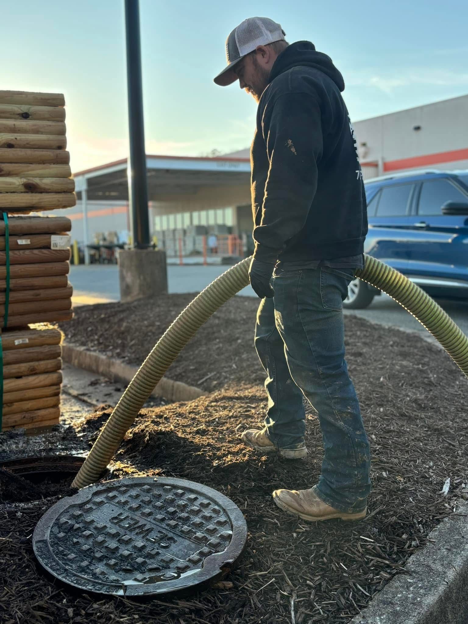 Worker in cap uses a hose to spray gravel beside a manhole at a construction site.