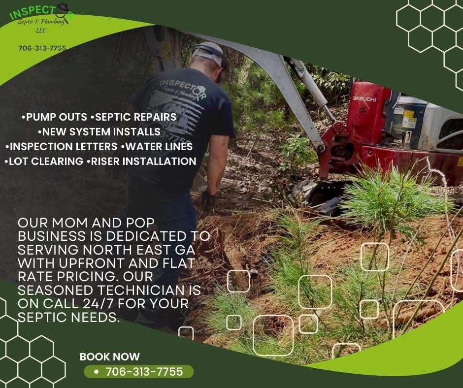 Septic services ad with green and black design, worker inspecting septic system, and text listing pumping, installs, repairs.