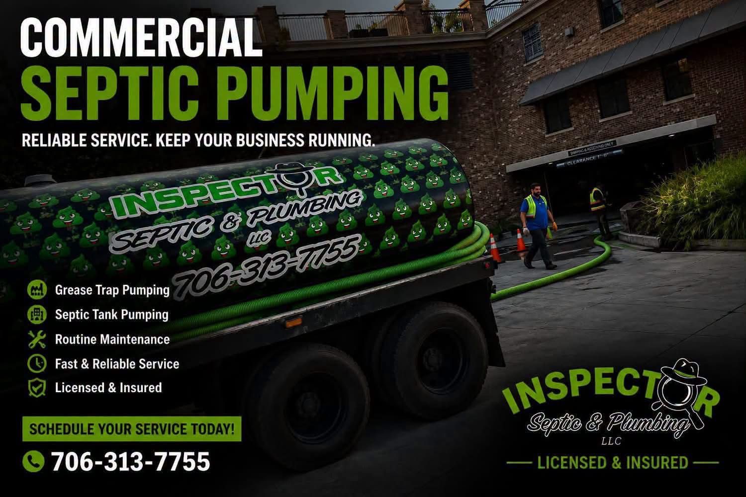 Commercial septic pumping ad with green truck, workers, phone number, and inspection services listed