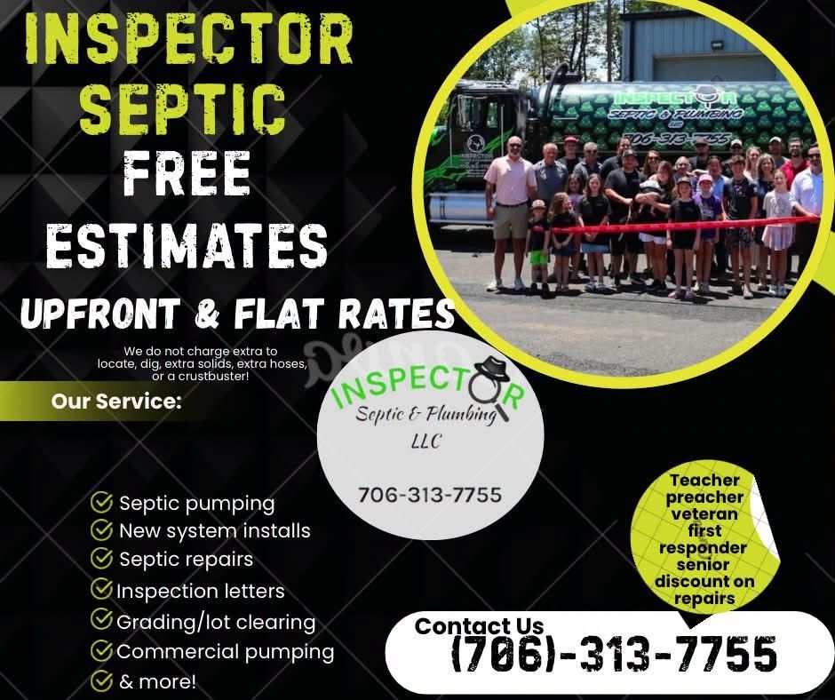 Inspector Septic ad with contact info, free estimates, upfront flat rates, services list, and team photo